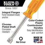Klein  89904 Nutdriver Set, 3/16 to 1/2 in, 7 Pieces, 10 in OAL, Cushion Grip Handle, Plastic/Steel, Polished Chrome, ASME Specified