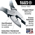 Klein  D213-9NE High Leverage New England Nose Side Cutting Plier, 1.594 in L x 1.25 in W X 0.625 in THK Steel Jaw, Crosshatch Knurled Jaw Surface, 9.33 in OAL